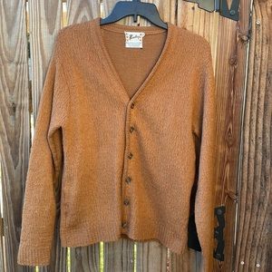 VINTAGE 60s Barclay M Medium brown shaggy mohair blend cardigan sweater rare